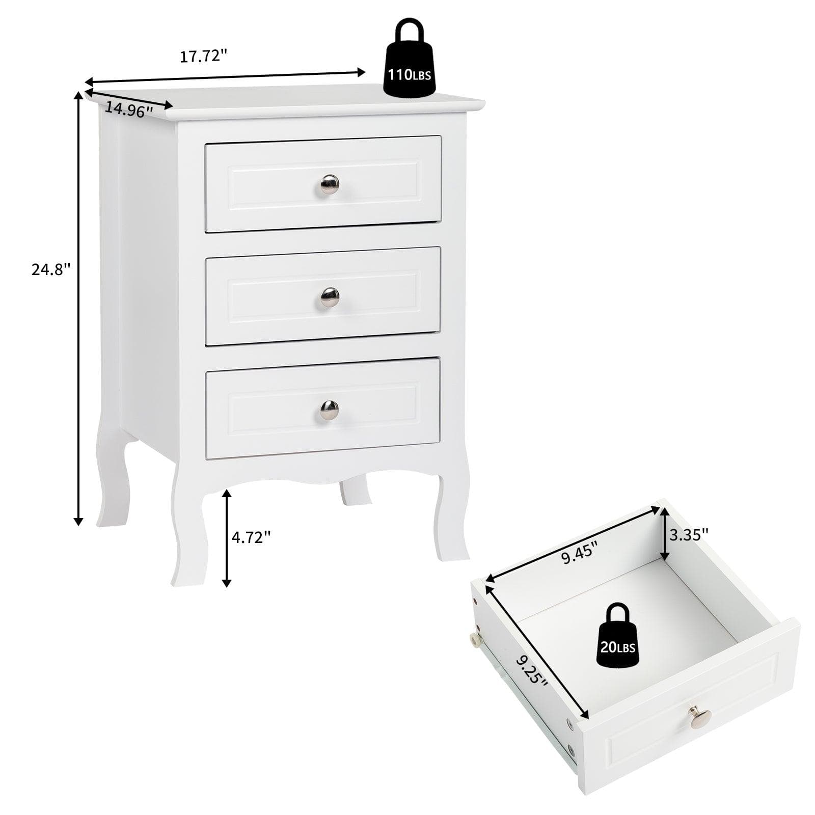 Ah-decor 45*38*63cm Country Style Three Drawer Night Table Large Size White