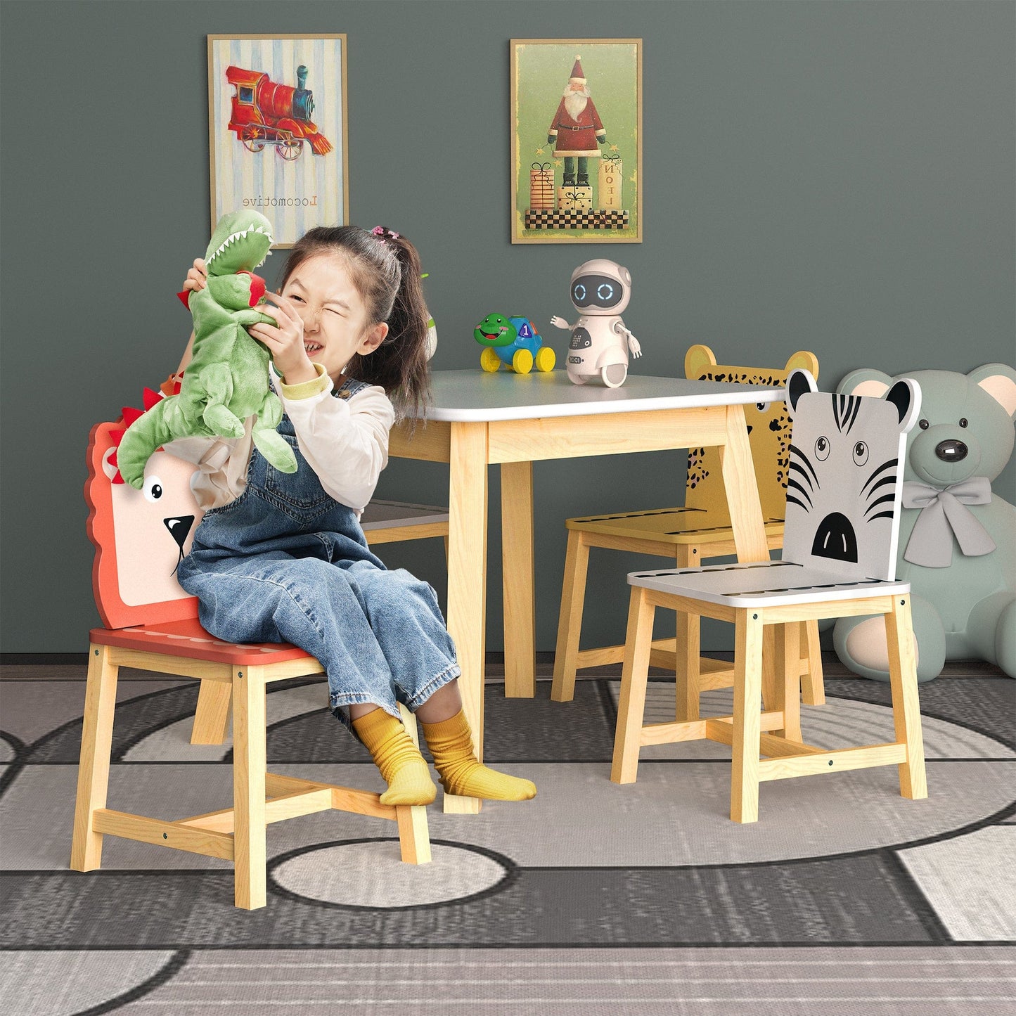 AHDECOR 5 Piece Kiddy Table and Chair Set , Kids Wood Table with 4 Chairs Set Cartoon Animals (bigger table) (3-8 years old)