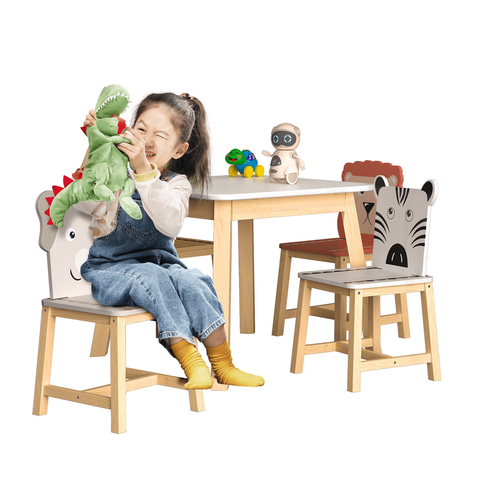 AHDECOR 5 Piece Kiddy Table and Chair Set , Kids Wood Table with 4 Chairs Set Cartoon Animals (bigger table) (3-8 years old)