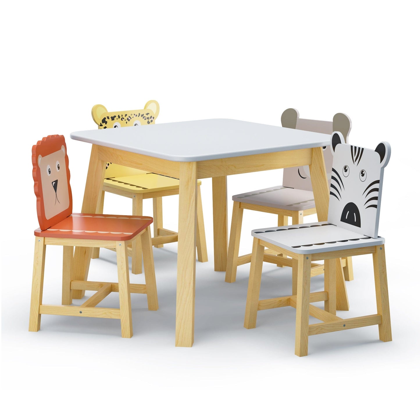 AHDECOR 5 Piece Kiddy Table and Chair Set , Kids Wood Table with 4 Chairs Set Cartoon Animals (bigger table) (3-8 years old)