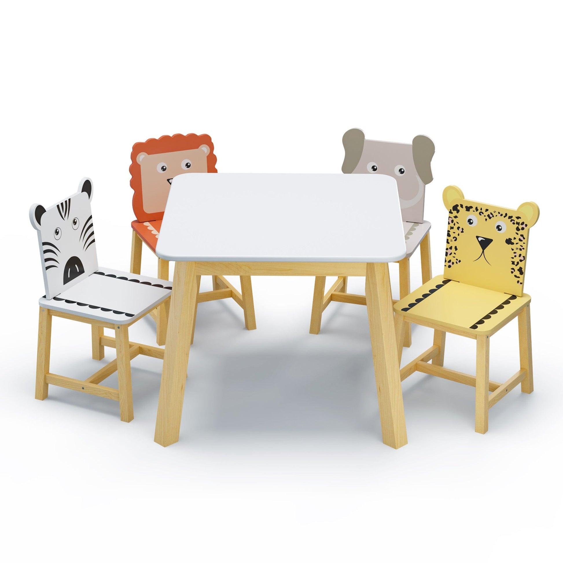 AHDECOR 5 Piece Kiddy Table and Chair Set , Kids Wood Table with 4 Chairs Set Cartoon Animals (bigger table) (3-8 years old)