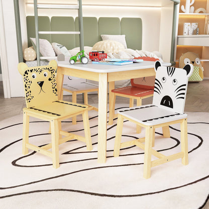 AHDECOR 5 Piece Kiddy Table and Chair Set , Kids Wood Table with 4 Chairs Set Cartoon Animals (bigger table) (3-8 years old)