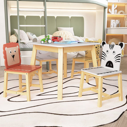 AHDECOR 5 Piece Kiddy Table and Chair Set , Kids Wood Table with 4 Chairs Set Cartoon Animals (bigger table) (3-8 years old)