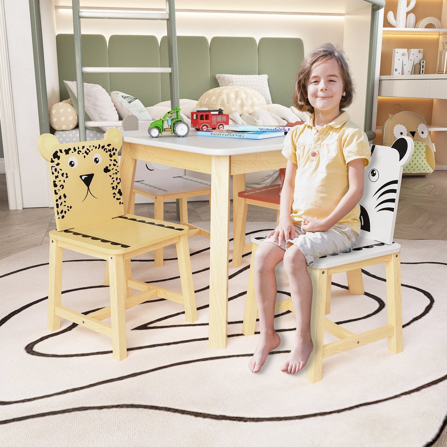 AHDECOR 5 Piece Kiddy Table and Chair Set , Kids Wood Table with 4 Chairs Set Cartoon Animals (bigger table) (3-8 years old)