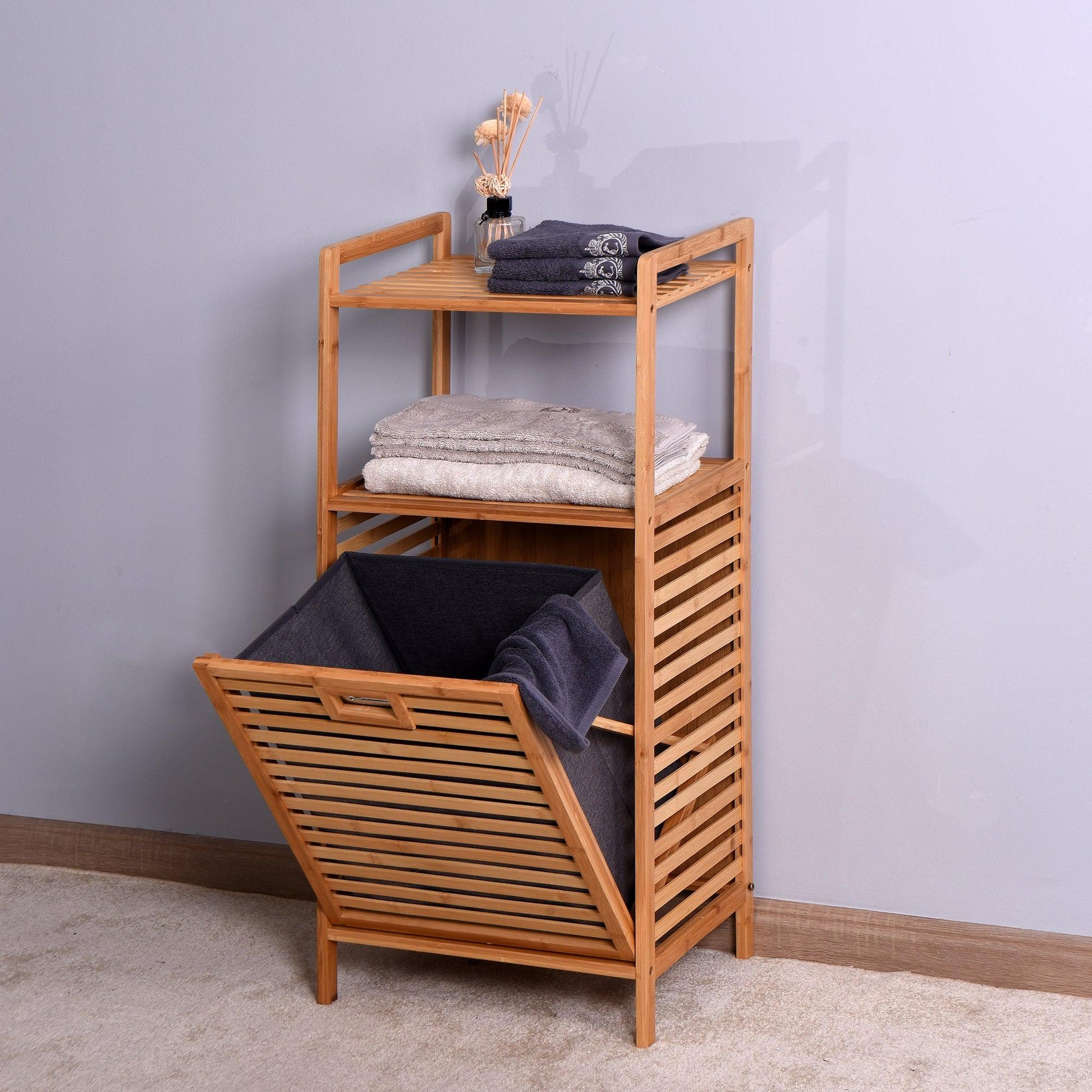 Y Bathroom Laundry Basket Bamboo Storage Basket with 2-tier Shelf 17.32 x 13 x 37.8 inch