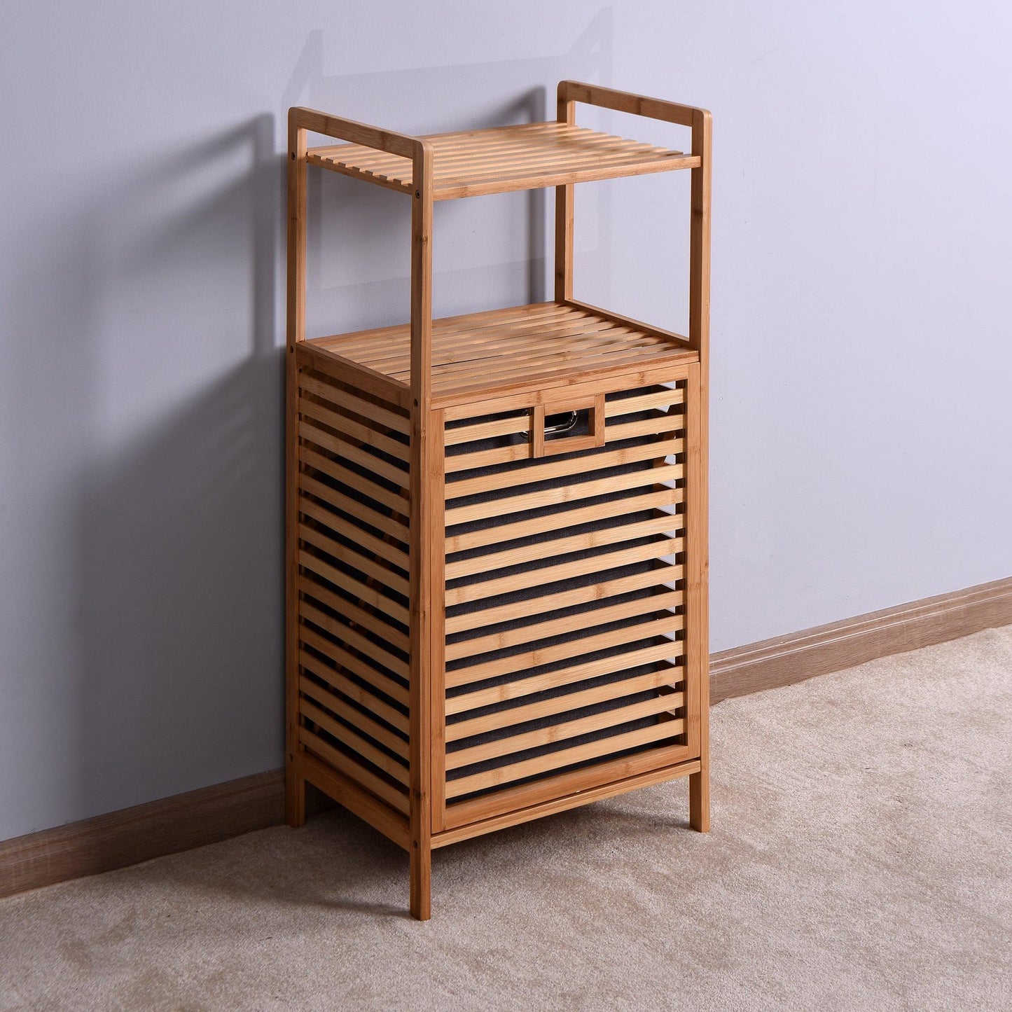 Y Bathroom Laundry Basket Bamboo Storage Basket with 2-tier Shelf 17.32 x 13 x 37.8 inch