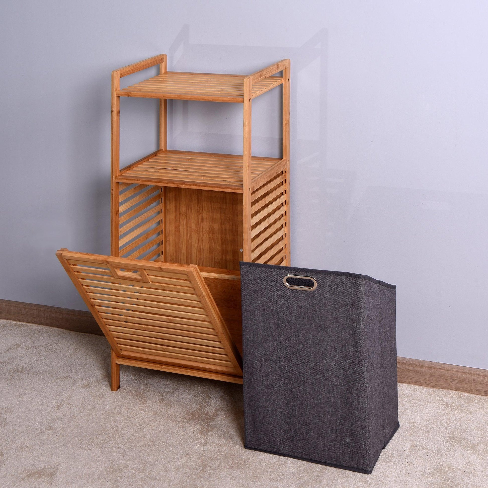 Y Bathroom Laundry Basket Bamboo Storage Basket with 2-tier Shelf 17.32 x 13 x 37.8 inch