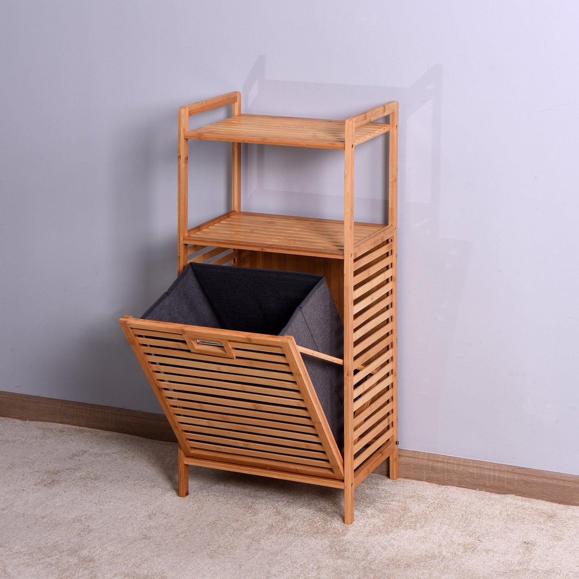 Y Bathroom Laundry Basket Bamboo Storage Basket with 2-tier Shelf 17.32 x 13 x 37.8 inch