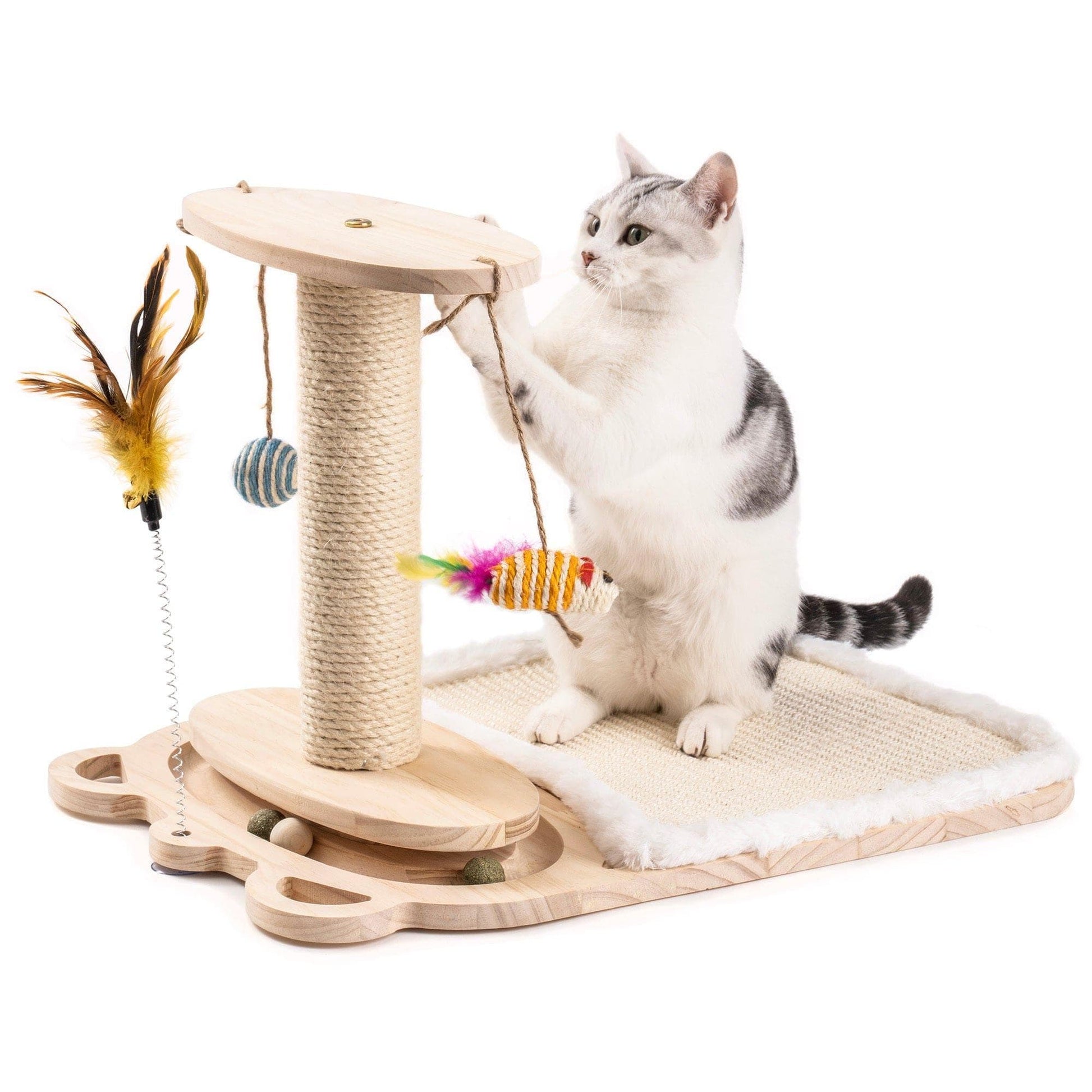 AH-DECOR cat supplies Cat Toy 1-Layer Turntable Cat Ball Toy with Feather Stick,Interactive Cat Toy with 5 Interactive Balls ,Cat Scratching Post with Mat