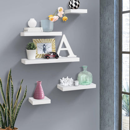 AHDECOR-HOME Floating shelf 5 Pieces with multi-length / White AHDECOR White Floating Shelves, Wall Mounted Display Ledge Shelves Wide Panel for Bedroom Office Kitchen Living Room, 5.9 inch Deep, Set of 5