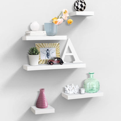 AHDECOR-HOME Floating shelf 5 Pieces with multi-length / White AHDECOR White Floating Shelves, Wall Mounted Display Ledge Shelves Wide Panel for Bedroom Office Kitchen Living Room, 5.9 inch Deep, Set of 5