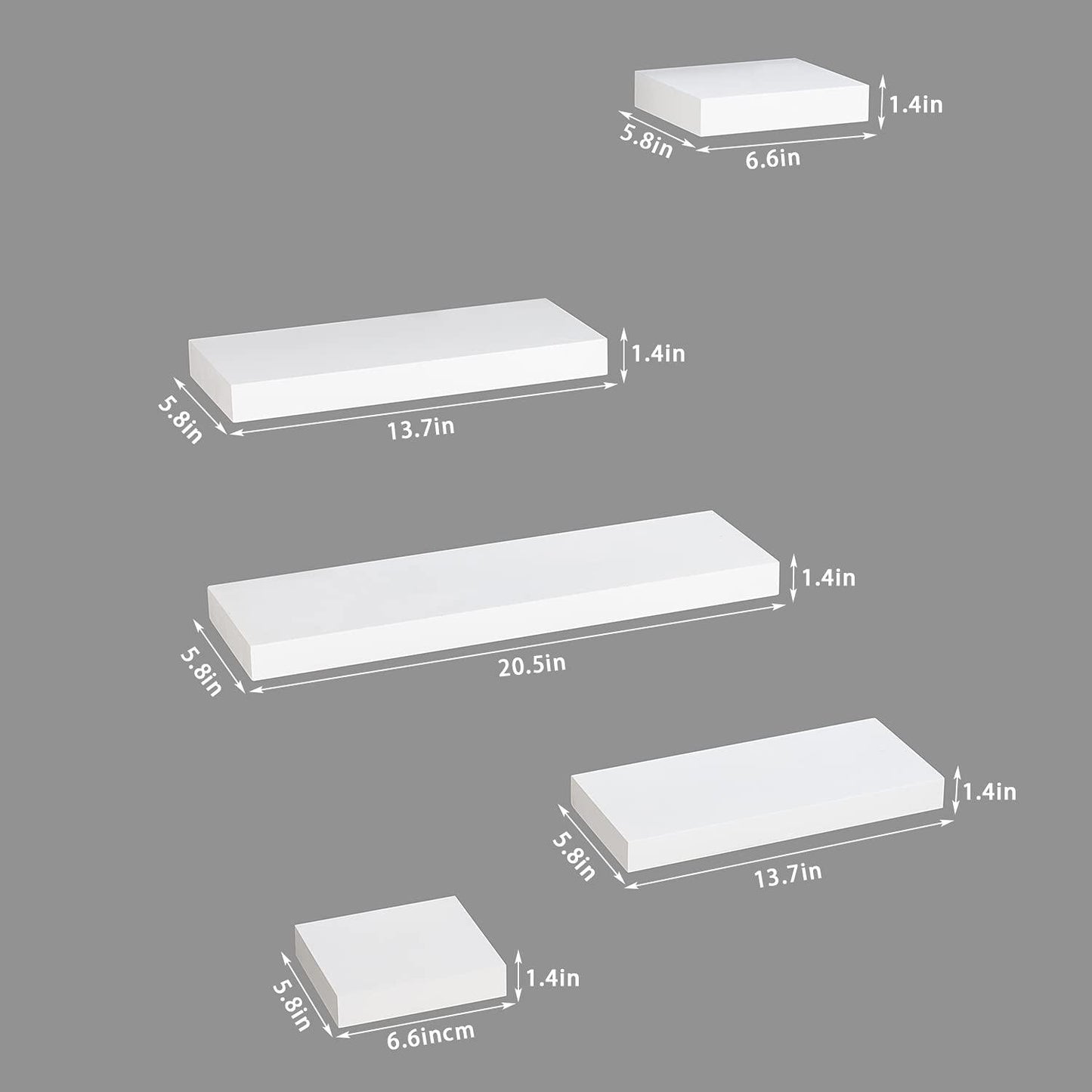 AHDECOR-HOME Floating shelf 5 Pieces with multi-length / White AHDECOR White Floating Shelves, Wall Mounted Display Ledge Shelves Wide Panel for Bedroom Office Kitchen Living Room, 5.9 inch Deep, Set of 5