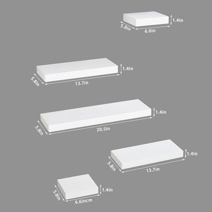 AHDECOR-HOME Floating shelf 5 Pieces with multi-length / White AHDECOR White Floating Shelves, Wall Mounted Display Ledge Shelves Wide Panel for Bedroom Office Kitchen Living Room, 5.9 inch Deep, Set of 5