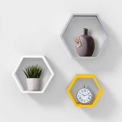 Ah-decor hexagone floating shelf White & Grey & Yellow Set of 3 Adjustable Wall Mounted Hexagon Floating Shelves