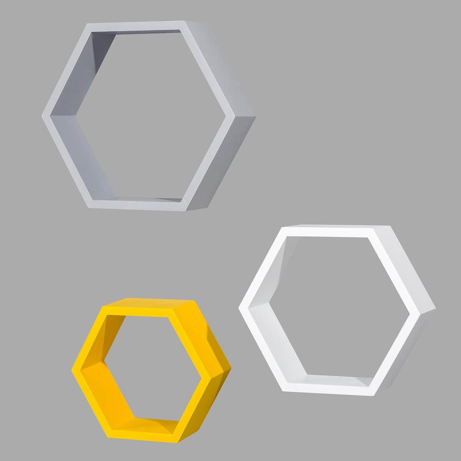 Ah-decor hexagone floating shelf White & Grey & Yellow Set of 3 Adjustable Wall Mounted Hexagon Floating Shelves