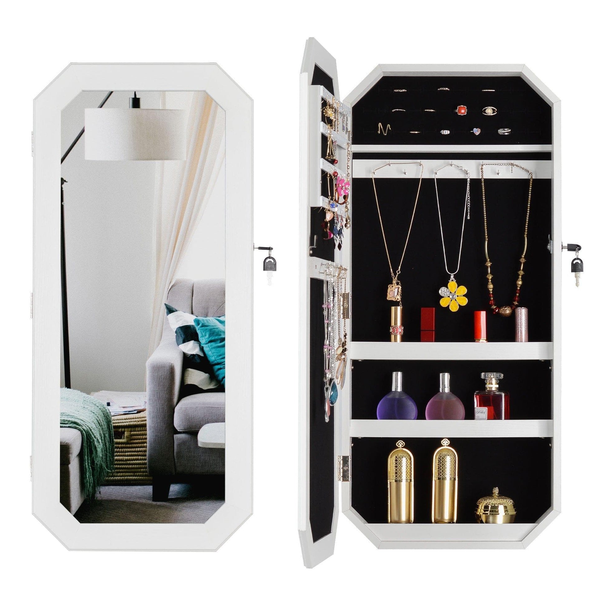 Ah-decor Jewelry Armoire with Mirror Mirror Fashion Simple Jewelry Storage Cabinet  Can Be Hung On The Door Or Wall