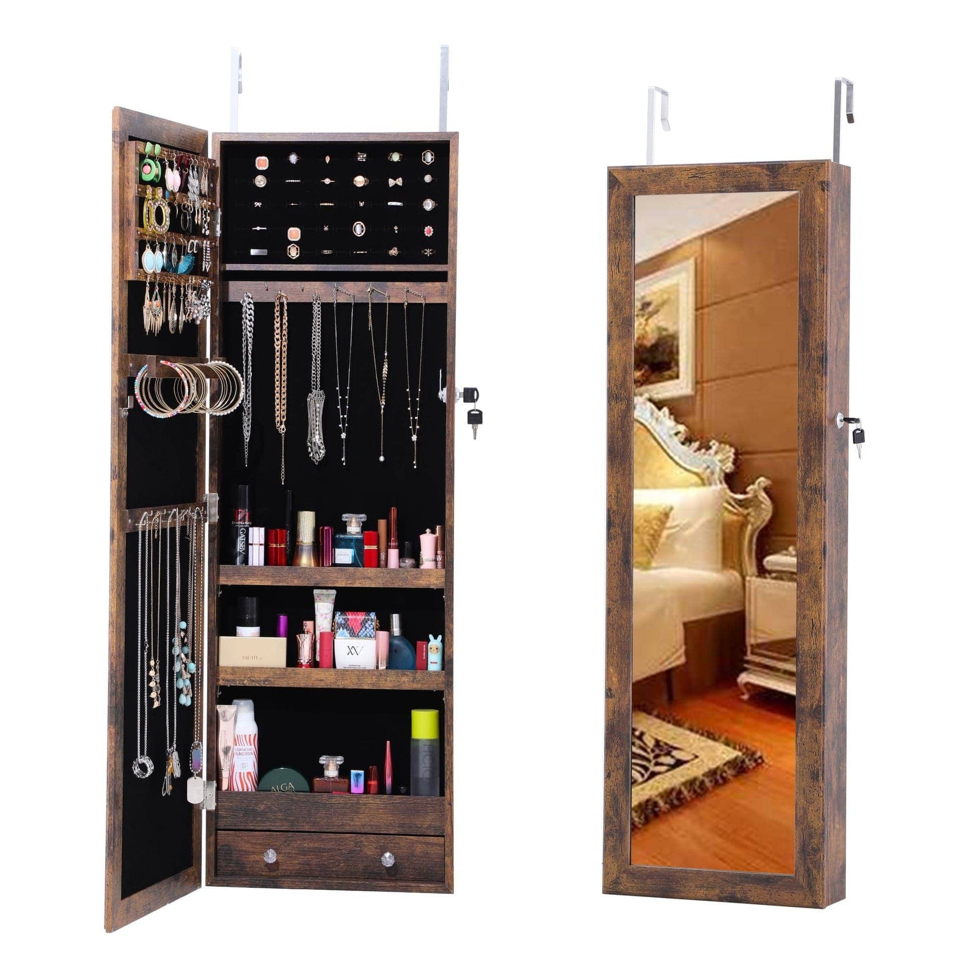 AHDECOR Jewelry Cabinet Organizer Fashion Simple Jewelry Storage Mirror Cabinet Can Be Hung On The Door Or Wall