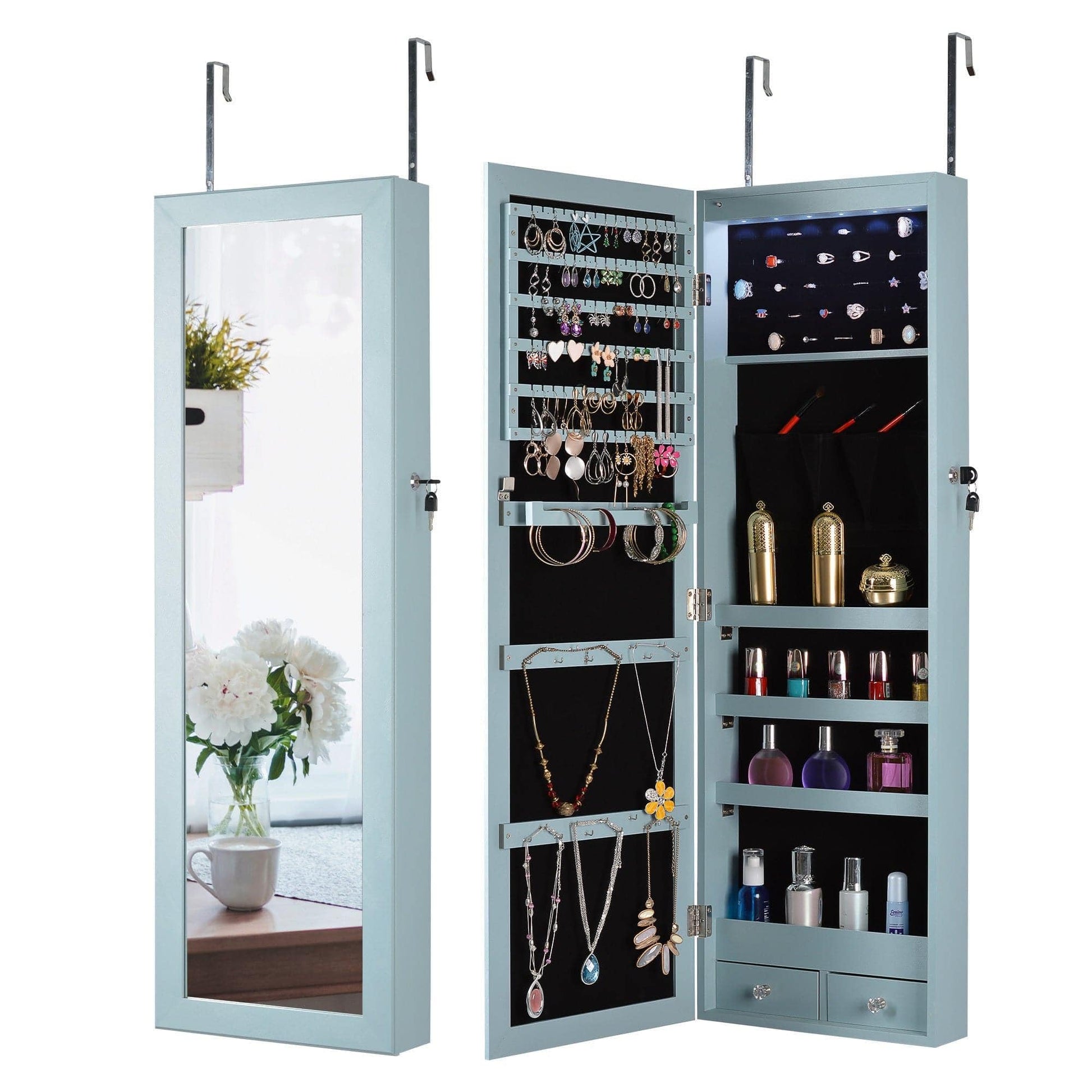 AHDECOR Jewelry Cabinet Organizer Fashion Simple Jewelry Storage Mirror Cabinet With LED Lights Can Be Hung On The Door Or Wall