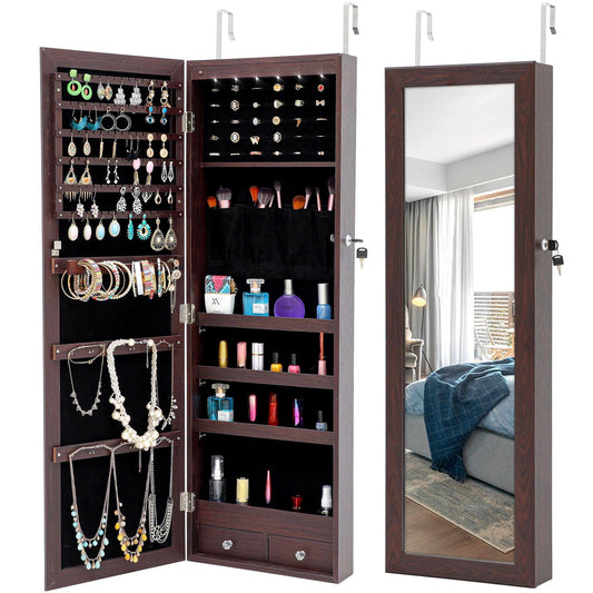 AHDECOR Jewelry Cabinet Organizer Fashion Simple Jewelry Storage Mirror Cabinet With LED Lights Can Be Hung On The Door Or Wall