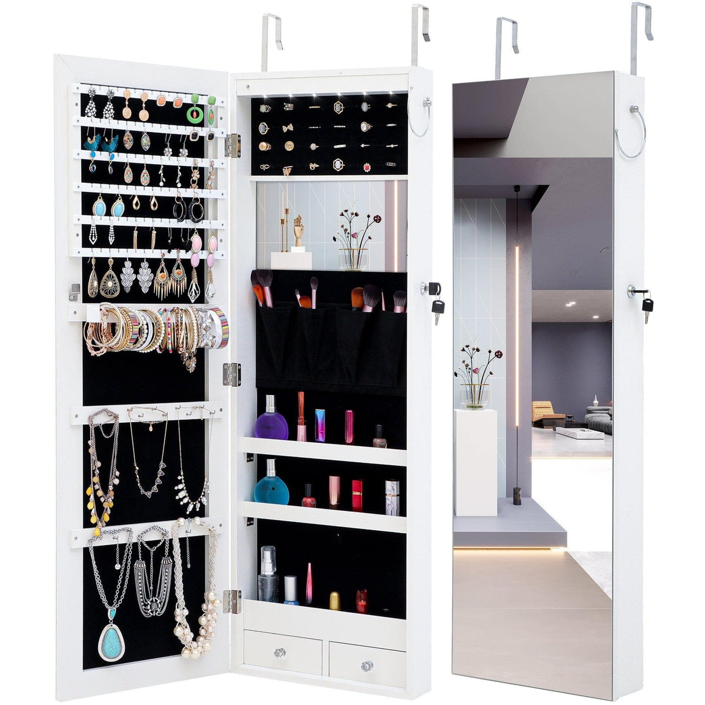 AHDECOR Jewelry Cabinet Organizer Fashion Simple Jewelry Storage Mirror Cabinet With LED Lights Can Be Hung On The Door Or Wall