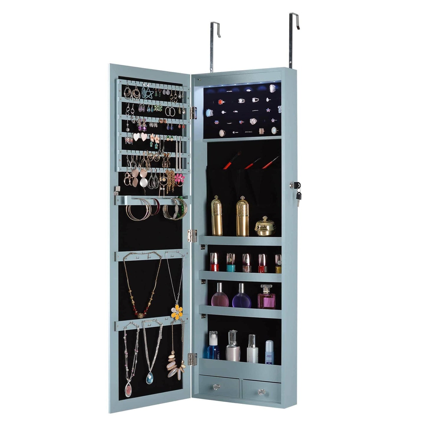 AHDECOR Jewelry Cabinet Organizer Fashion Simple Jewelry Storage Mirror Cabinet With LED Lights Can Be Hung On The Door Or Wall