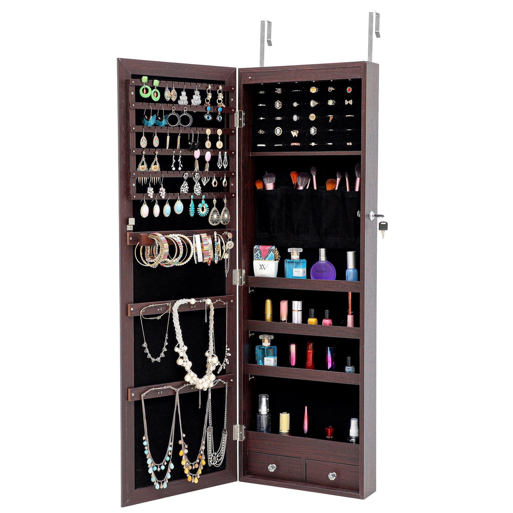 AHDECOR Jewelry Cabinet Organizer Fashion Simple Jewelry Storage Mirror Cabinet With LED Lights Can Be Hung On The Door Or Wall