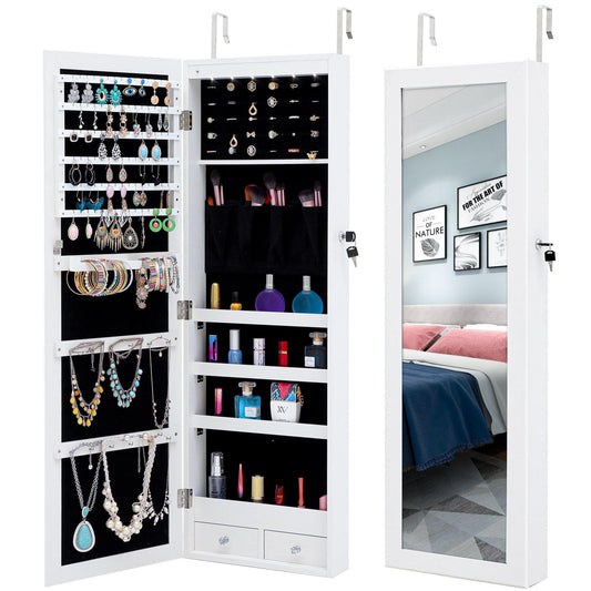 AHDECOR Jewelry Cabinet Organizer Fashion Simple Jewelry Storage Mirror Cabinet With LED Lights Can Be Hung On The Door Or Wall