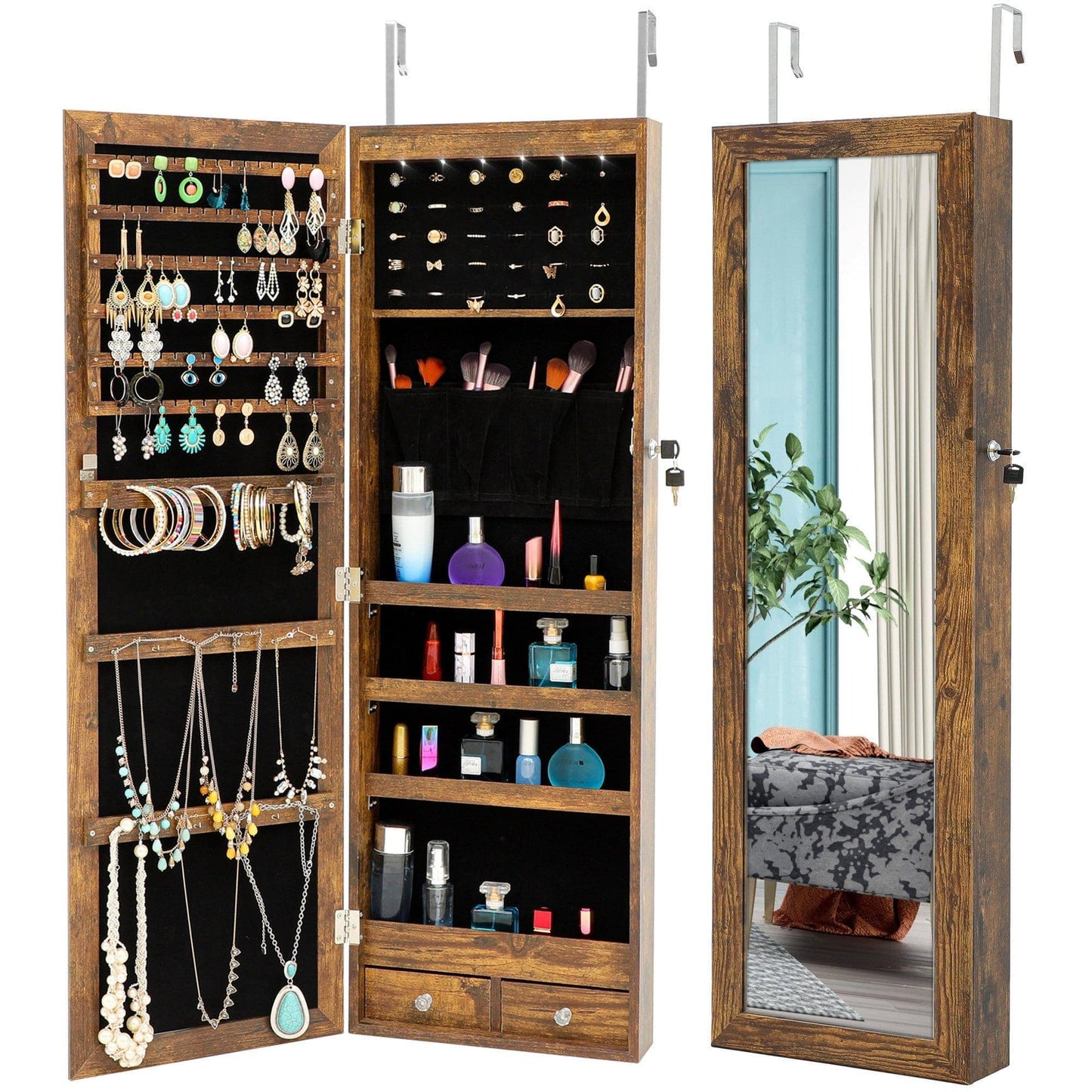 AHDECOR Jewelry Cabinet Organizer Fashion Simple Jewelry Storage Mirror Cabinet With LED Lights Can Be Hung On The Door Or Wall