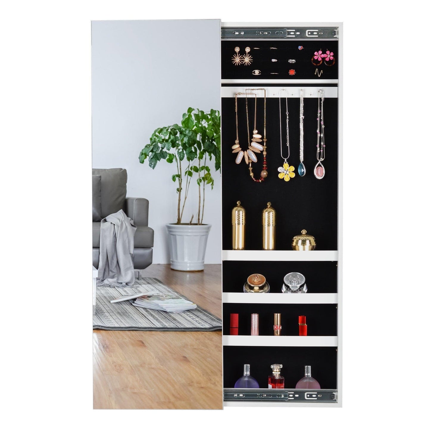 AHDECOR Jewelry Cabinet Organizer Full Mirror Jewelry Storage Cabinet With with Slide Rail Can Be Hung On The Door Or Wall