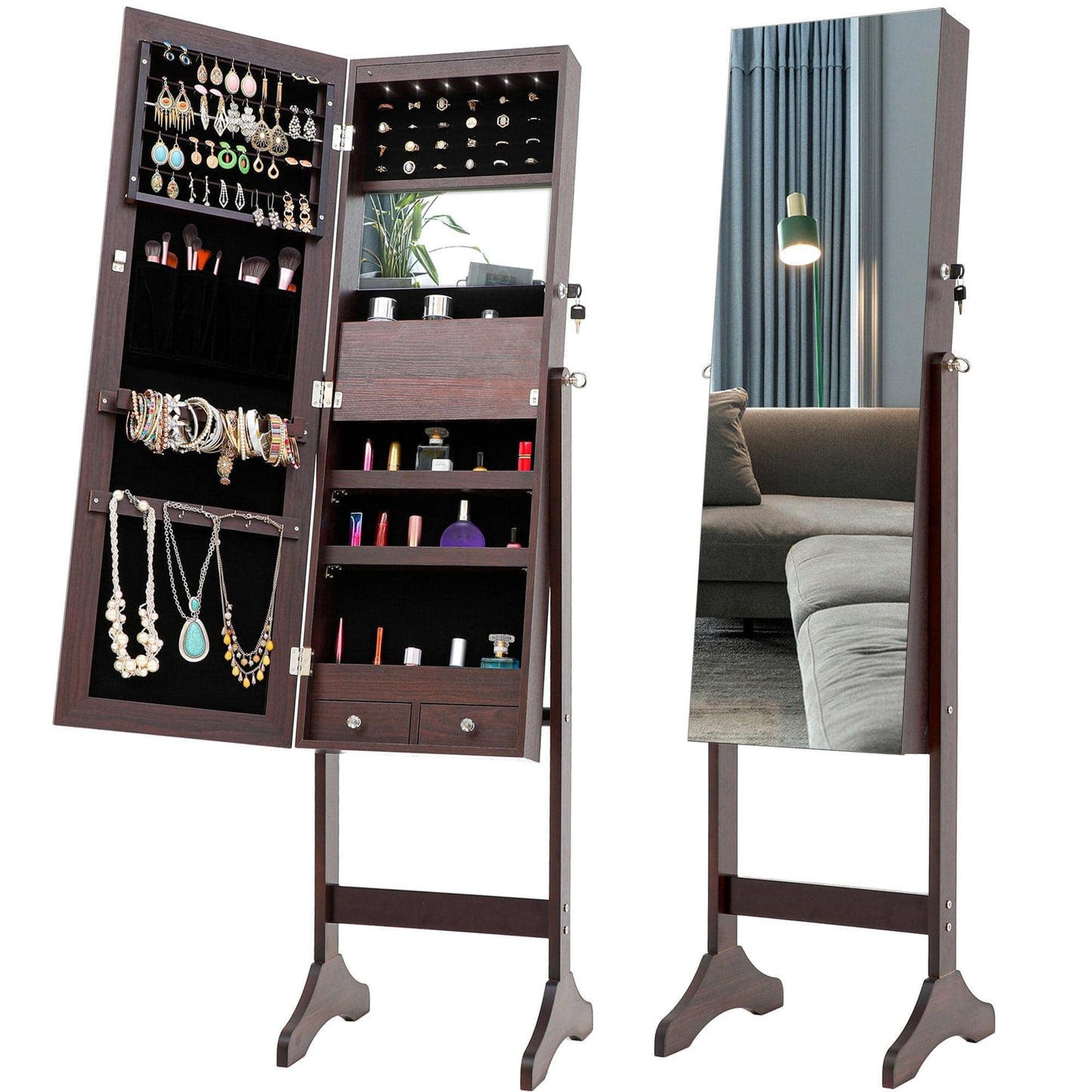 AH-DECOR Jewelry Holders Fashion Simple Jewelry Storage Mirror Cabinet With LED Lights,For Living Room Or Bedroom