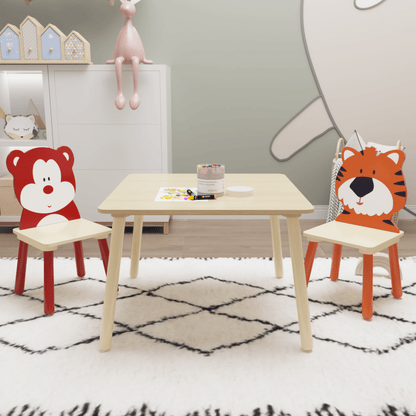 AHDECOR Kids Table and 2 Chairs Set, 3 Pieces Toddler Table and Chair Set, Wooden Activity Play Table Set (Bear&Tiger)