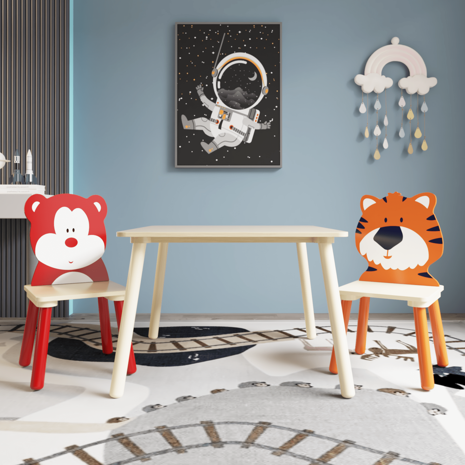 AHDECOR Kids Table and 2 Chairs Set, 3 Pieces Toddler Table and Chair Set, Wooden Activity Play Table Set (Bear&Tiger)