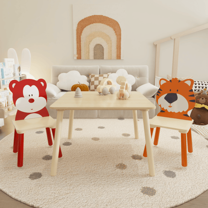 AHDECOR Kids Table and 2 Chairs Set, 3 Pieces Toddler Table and Chair Set, Wooden Activity Play Table Set (Bear&Tiger)