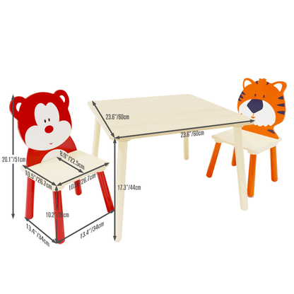 AHDECOR Kids Table and 2 Chairs Set, 3 Pieces Toddler Table and Chair Set, Wooden Activity Play Table Set (Bear&Tiger)