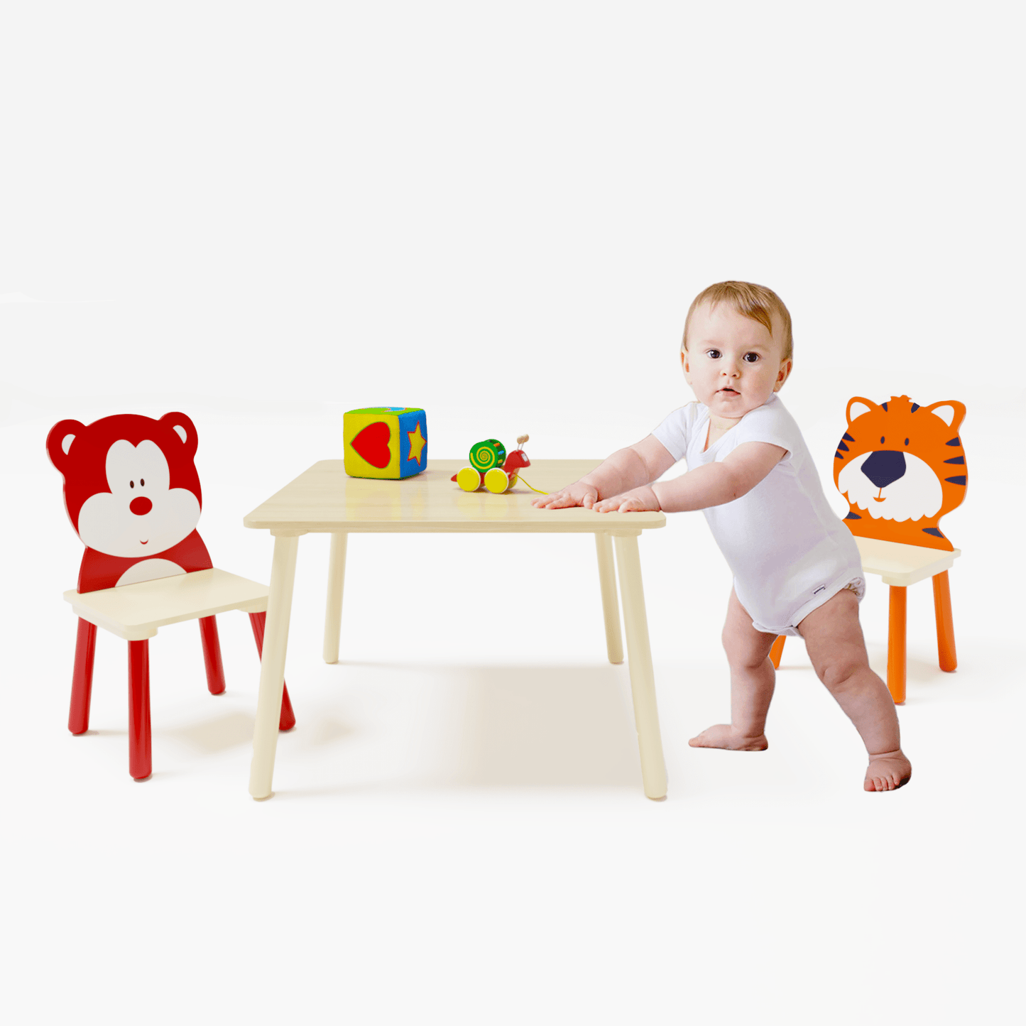 AHDECOR Kids Table and 2 Chairs Set, 3 Pieces Toddler Table and Chair Set, Wooden Activity Play Table Set (Bear&Tiger)