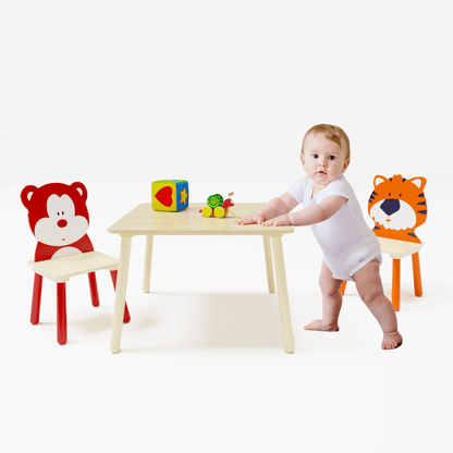 AHDECOR Kids Table and 2 Chairs Set, 3 Pieces Toddler Table and Chair Set, Wooden Activity Play Table Set (Bear&Tiger)