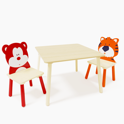 AHDECOR Kids Table and 2 Chairs Set, 3 Pieces Toddler Table and Chair Set, Wooden Activity Play Table Set (Bear&Tiger)