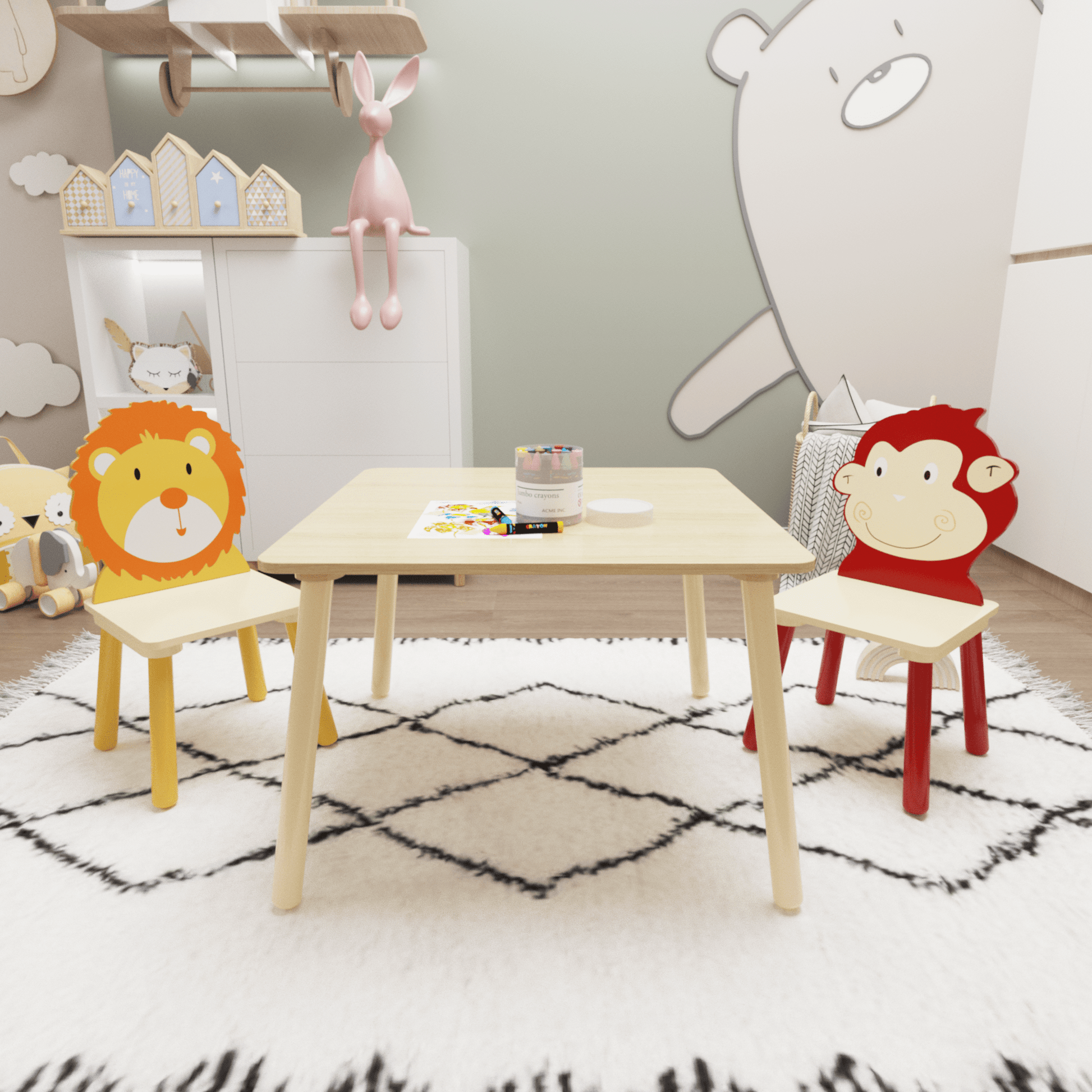 AHDECOR Kids Table and 2 Chairs Set, 3 Pieces Toddler Table and Chair Set, Wooden Activity Play Table Set (Lion&Monkey)