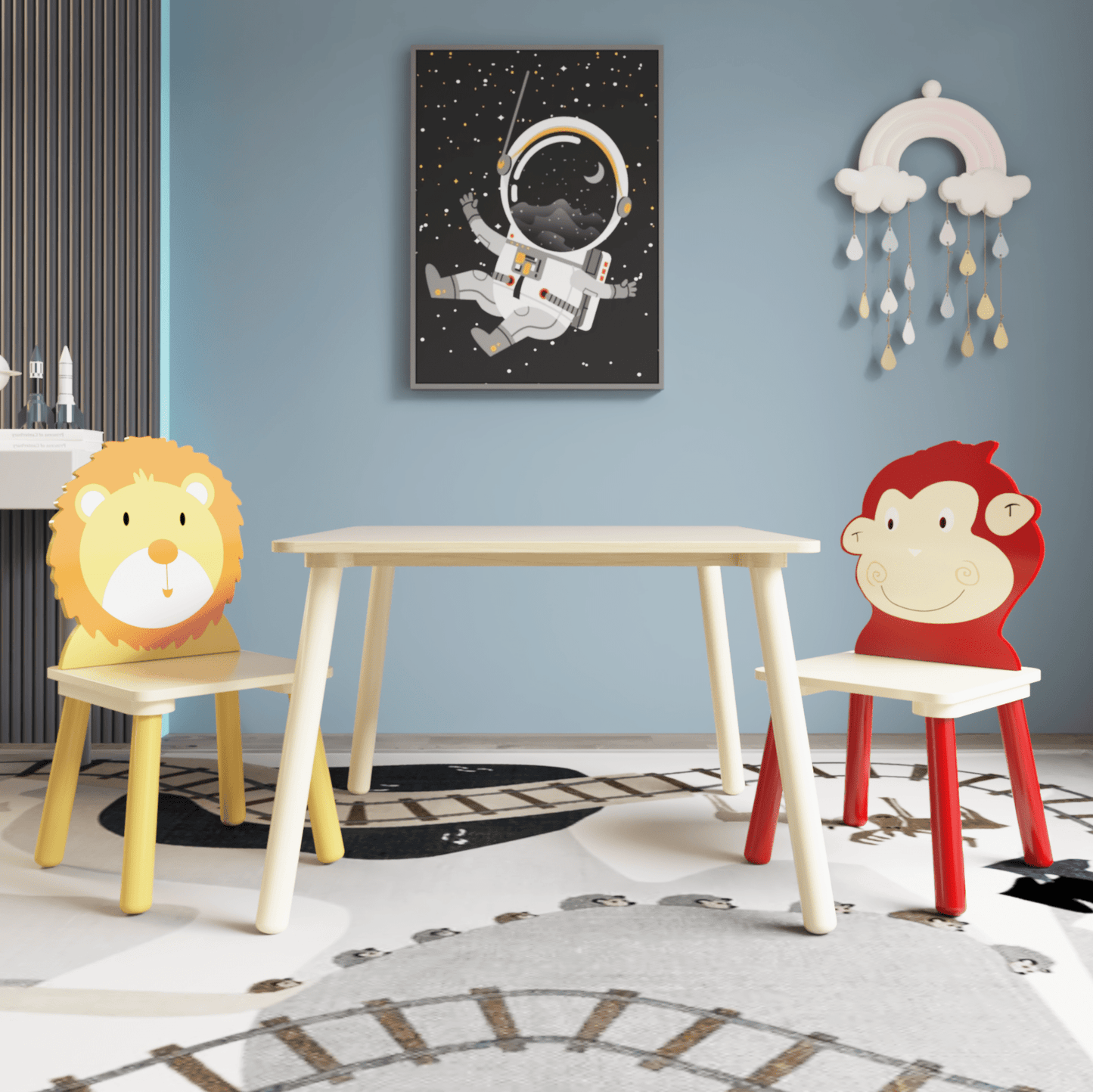 AHDECOR Kids Table and 2 Chairs Set, 3 Pieces Toddler Table and Chair Set, Wooden Activity Play Table Set (Lion&Monkey)