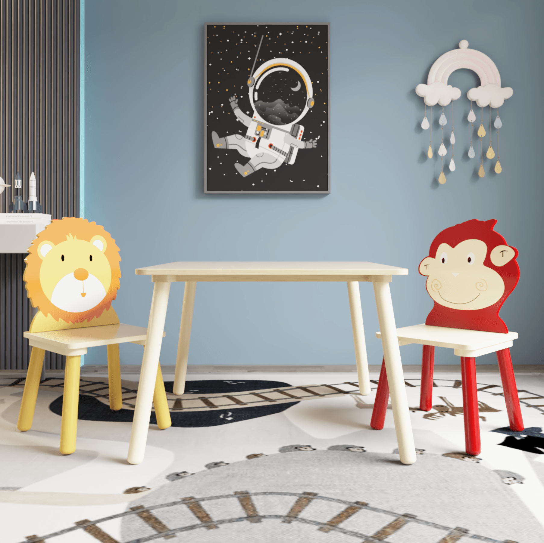 AHDECOR Kids Table and 2 Chairs Set, 3 Pieces Toddler Table and Chair Set, Wooden Activity Play Table Set (Lion&Monkey)