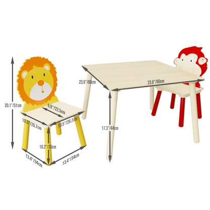 AHDECOR Kids Table and 2 Chairs Set, 3 Pieces Toddler Table and Chair Set, Wooden Activity Play Table Set (Lion&Monkey)