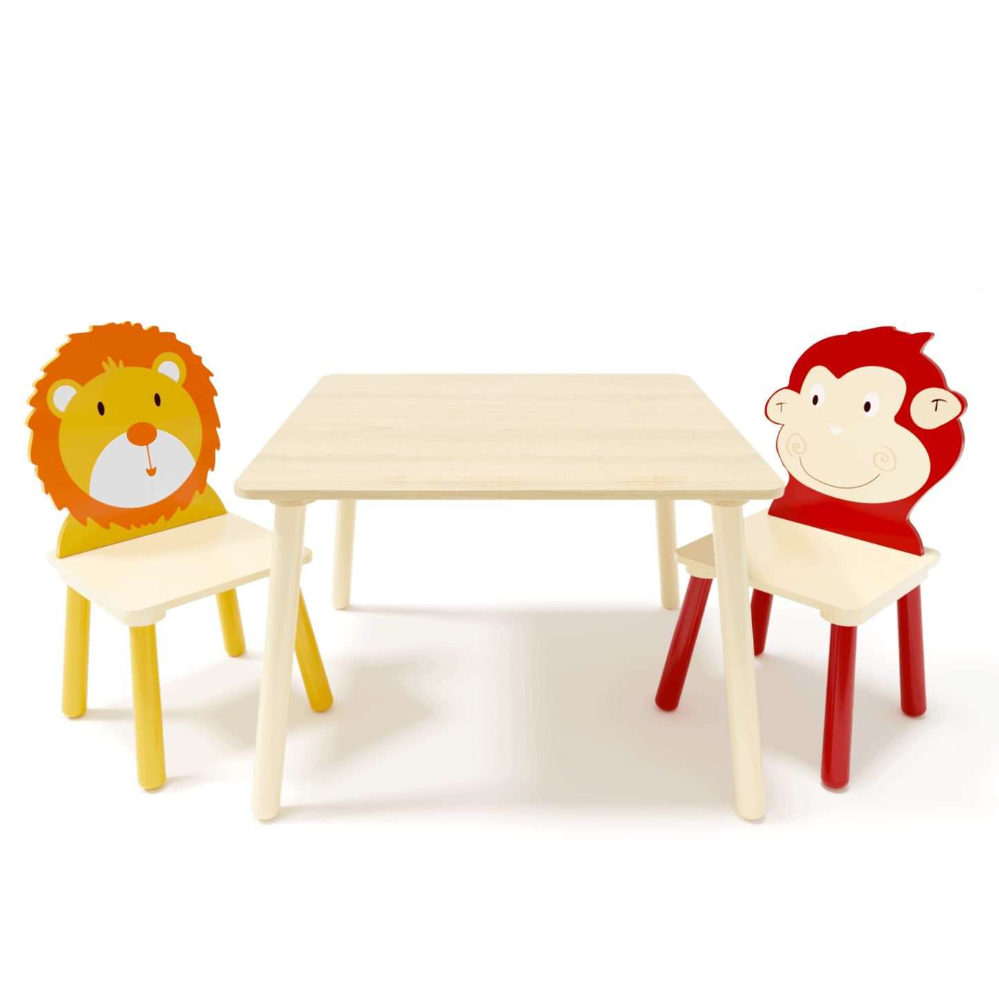 AHDECOR Kids Table and 2 Chairs Set, 3 Pieces Toddler Table and Chair Set, Wooden Activity Play Table Set (Lion&Monkey)