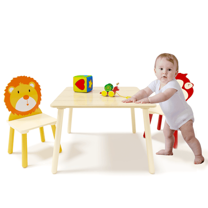 AHDECOR Kids Table and 2 Chairs Set, 3 Pieces Toddler Table and Chair Set, Wooden Activity Play Table Set (Lion&Monkey)