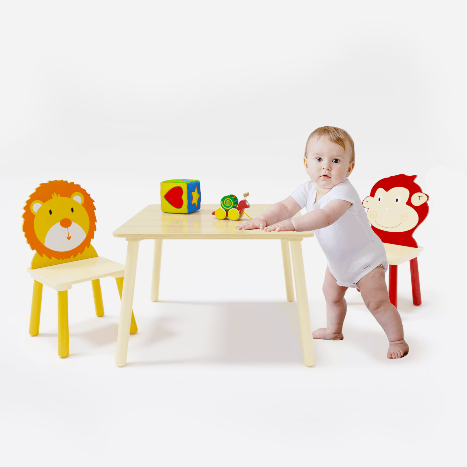 AHDECOR Kids Table and 2 Chairs Set, 3 Pieces Toddler Table and Chair Set, Wooden Activity Play Table Set (Lion&Monkey)