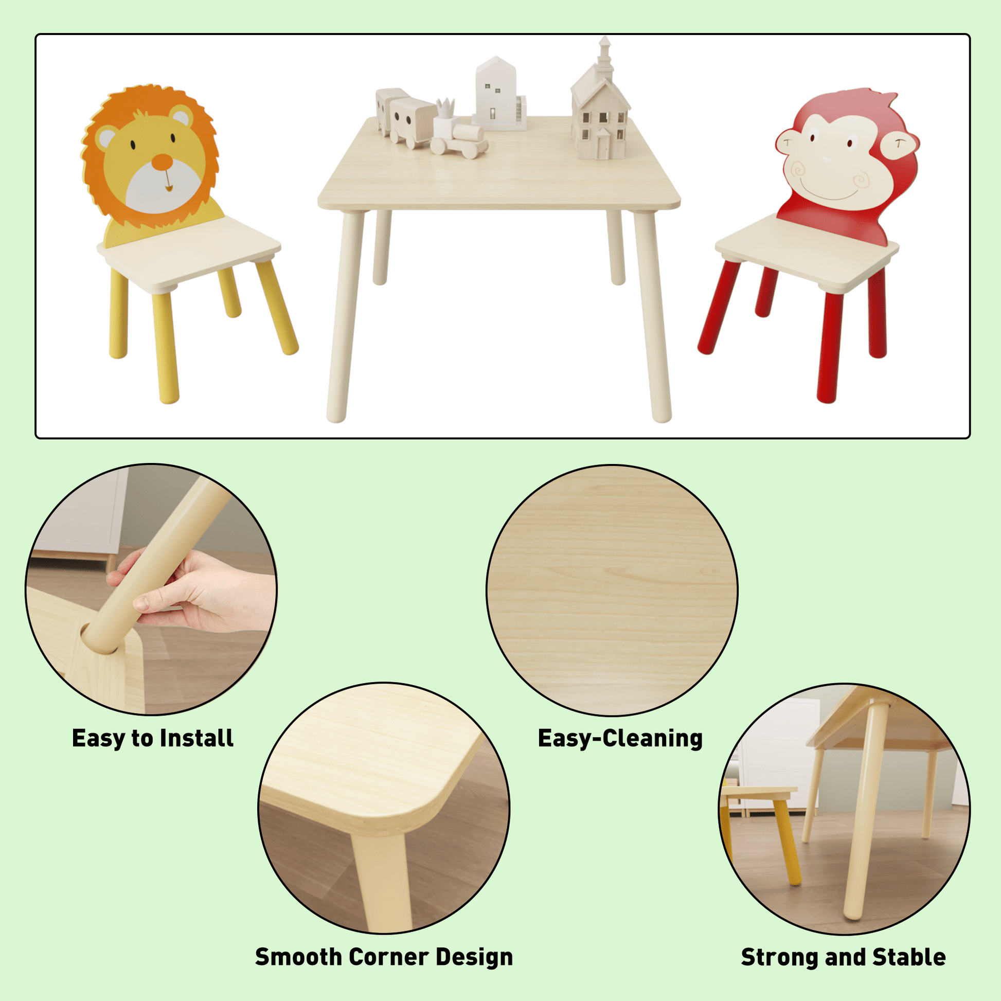 AHDECOR Kids Table and 2 Chairs Set, 3 Pieces Toddler Table and Chair Set, Wooden Activity Play Table Set (Lion&Monkey)