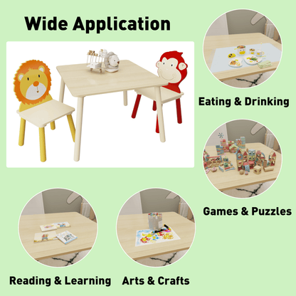 AHDECOR Kids Table and 2 Chairs Set, 3 Pieces Toddler Table and Chair Set, Wooden Activity Play Table Set (Lion&Monkey)