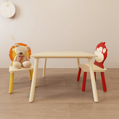 AHDECOR Kids Table and 2 Chairs Set, 3 Pieces Toddler Table and Chair Set, Wooden Activity Play Table Set (Lion&Monkey)