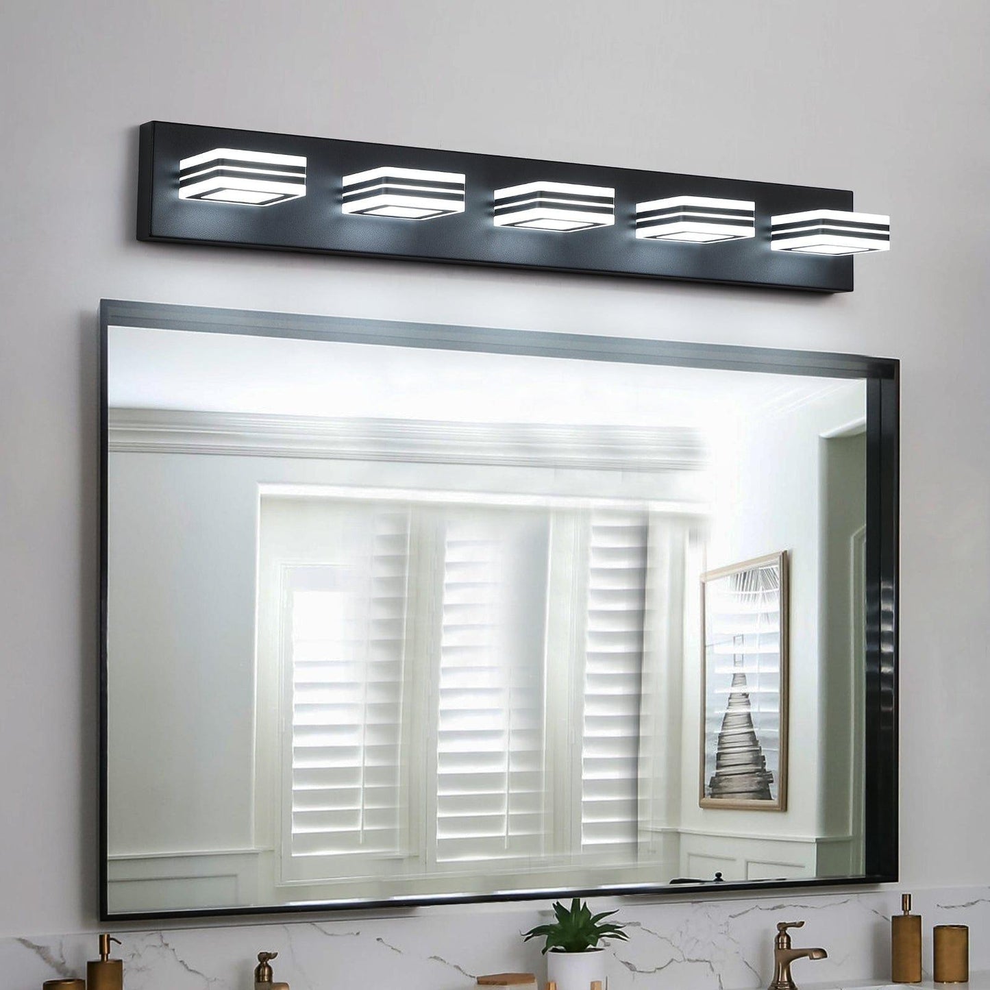 AH-DECOR lighting LED Modern Black Vanity Lights, 5-Lights Acrylic Matte Black Bathroom Vanity Lights Over Mirror