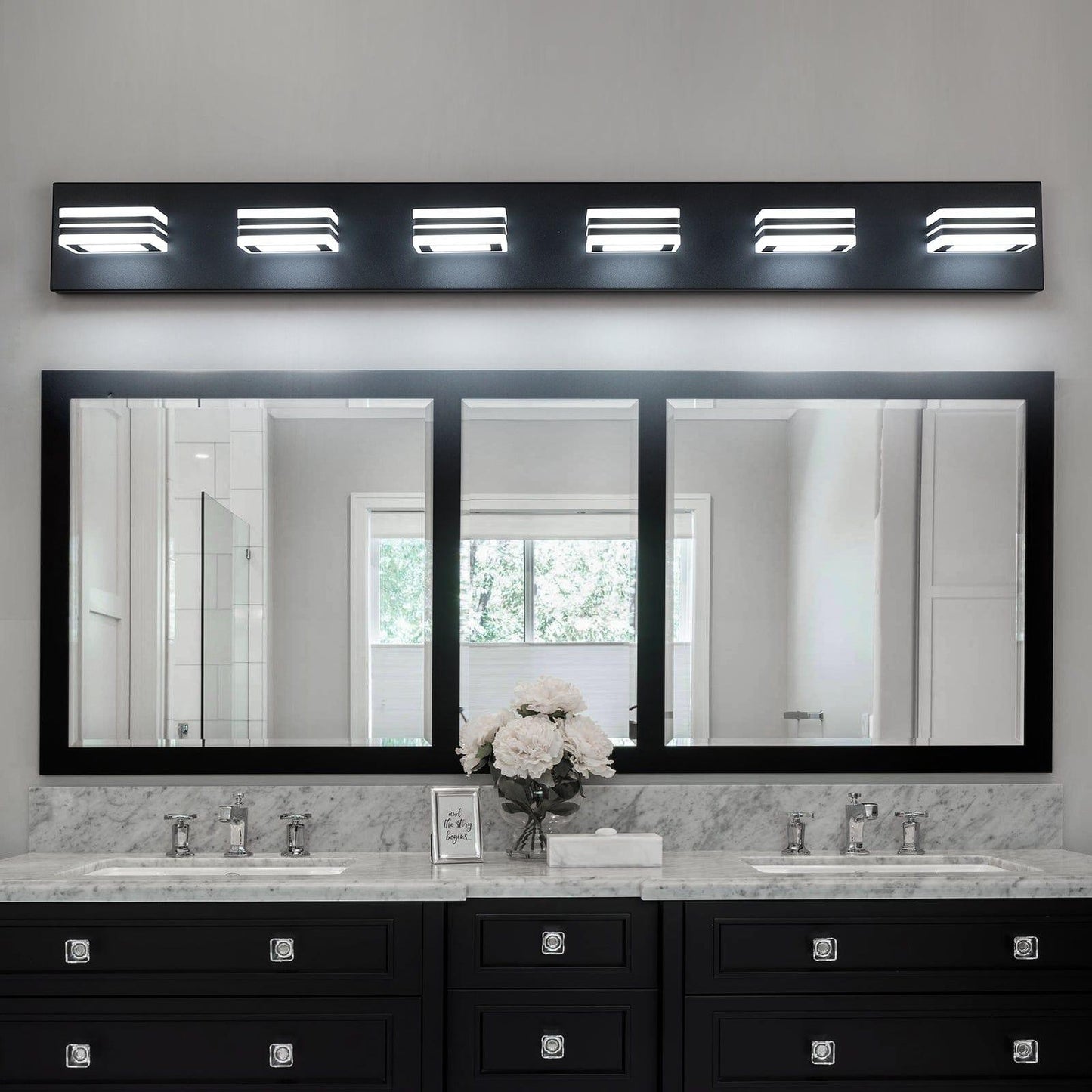 AHDECOR lighting LED Modern Black Vanity Lights, 6-Lights Acrylic Matte Black Bathroom Vanity Lights Over Mirror