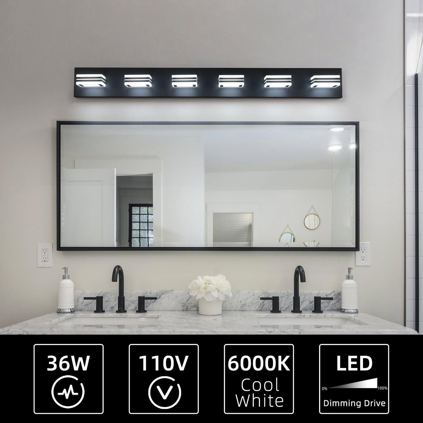 AHDECOR lighting LED Modern Black Vanity Lights, 6-Lights Acrylic Matte Black Bathroom Vanity Lights Over Mirror